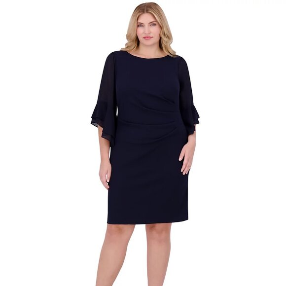 Jessica Howard Bell-Sleeve Side-Ruched Dress Navy Plus Size 16W - Picture 1 of 3